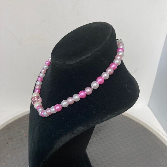 BARBIE Core Pink White Swirl Rose Colored Beads Statement Choker Necklace 16 in - Picture 6 of 11